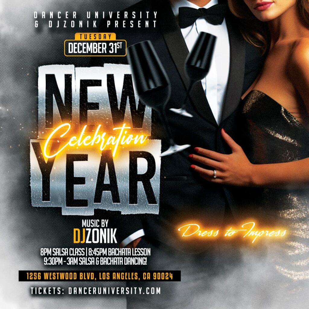 Dancer Unviersity New Years Salsa and Bachata Party Flyer 1