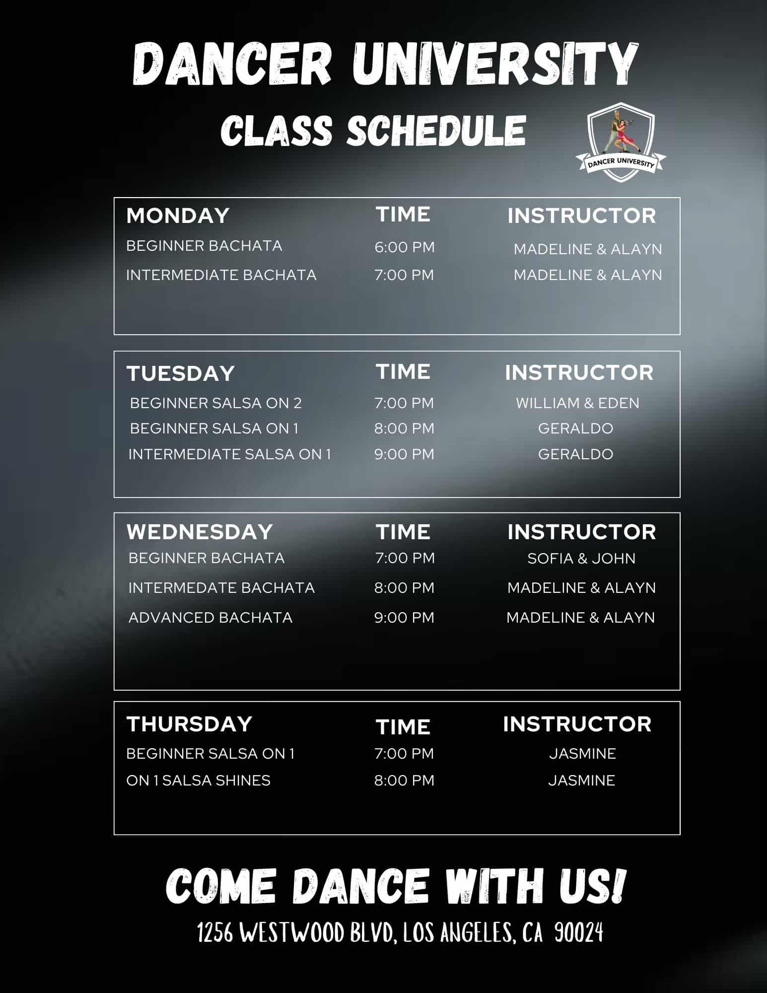 Drop In Salsa and Bachata Class Schedule Los Angeles flyer